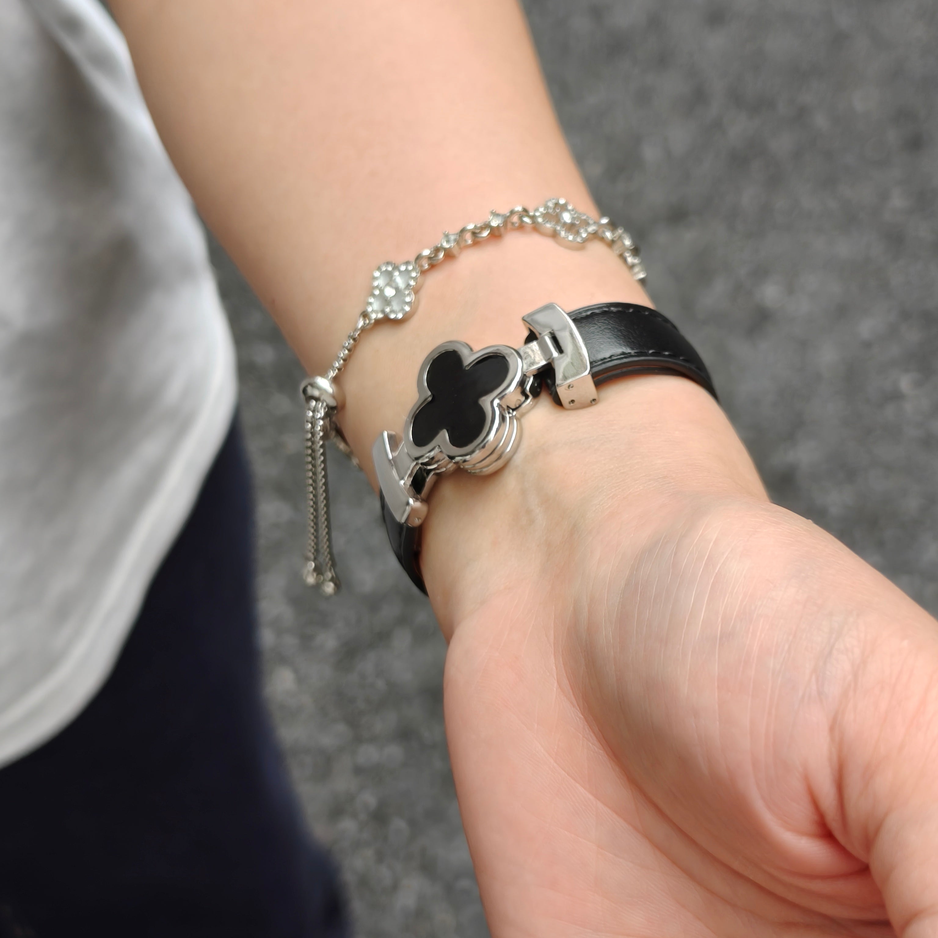 Bracelet Lisse Cuir de Veau avec Trèfle